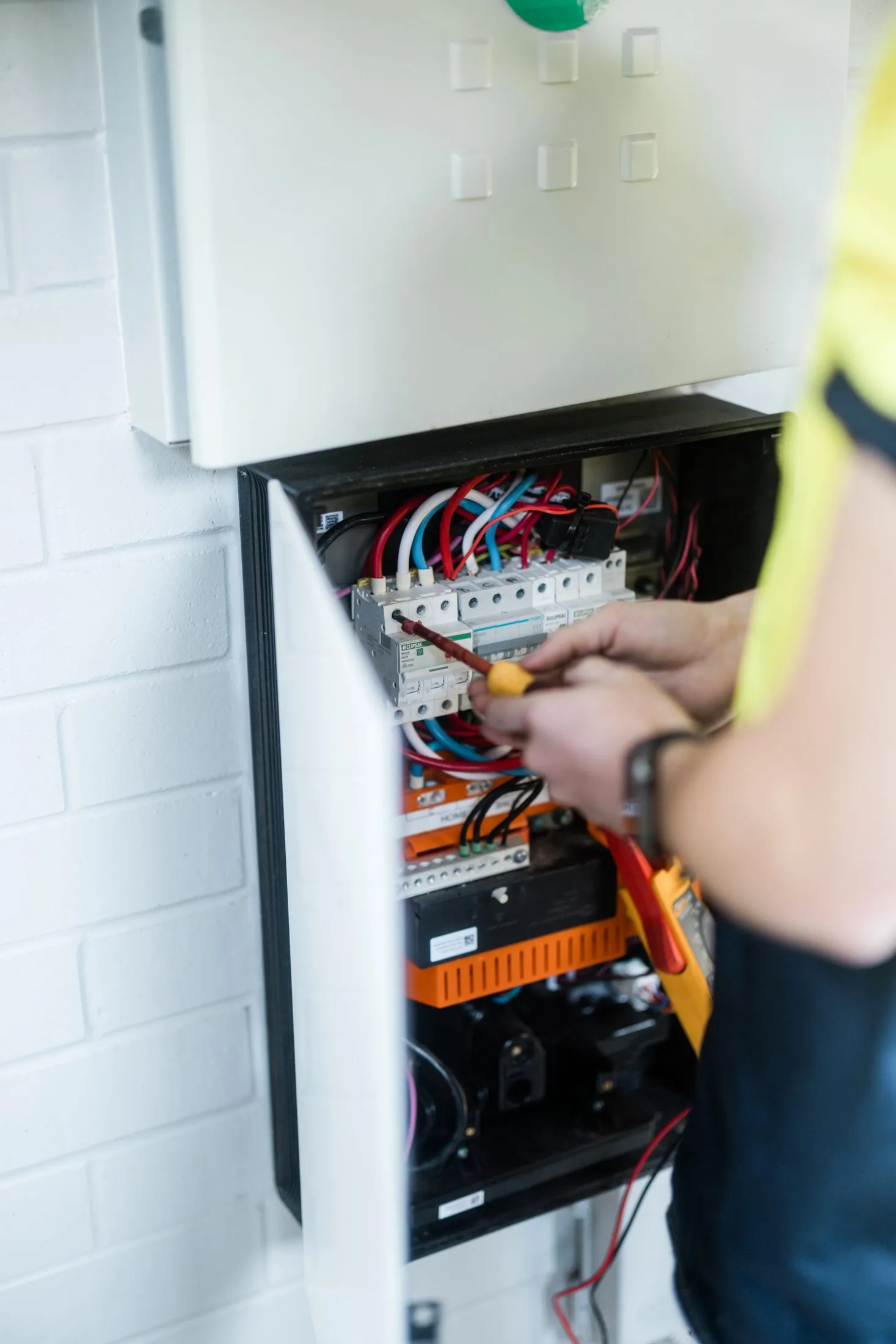 A three-phase industrial switchboard ready for battery integration